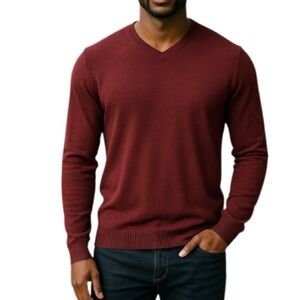 BRITISH KHAKI Mens Burgundy VNeck Sweater Long Sleeve Lightweight Knit Preppy S